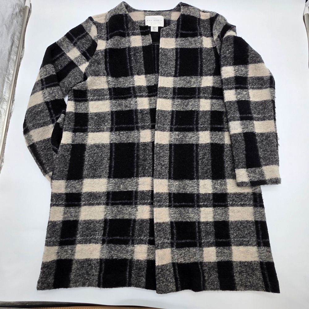 Preppy Max Studio Plaid Coatigan Womens L Black Cream W Open Front Quiet Luxuary